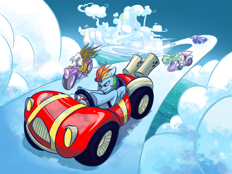 Size: 1200x900 | Tagged: safe, artist:mysweetphantom, derpibooru import, gilda, rainbow dash, gryphon, pony, bipedal, car, cloud, cloudsdale, cloudy, motorcycle, race