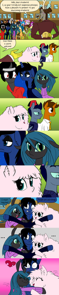 Size: 1280x6342 | Tagged: safe, artist:jokerpony, derpibooru import, derpy hooves, discord, doctor whooves, king sombra, octavia melody, princess cadance, princess celestia, princess luna, queen chrysalis, time turner, vinyl scratch, oc, oc:fluffle puff, oc:scroll scribe, ponified, bat pony, pony, ask teen chrysalis, angry joe, ask, blushing, cameo, clothes, comic, doug walker, glasses, goth, hug, hug sandwich, joe vargas, nostalgia critic, paper-thin disguise, spy, spy mask, sweater, tumblr, turtleneck