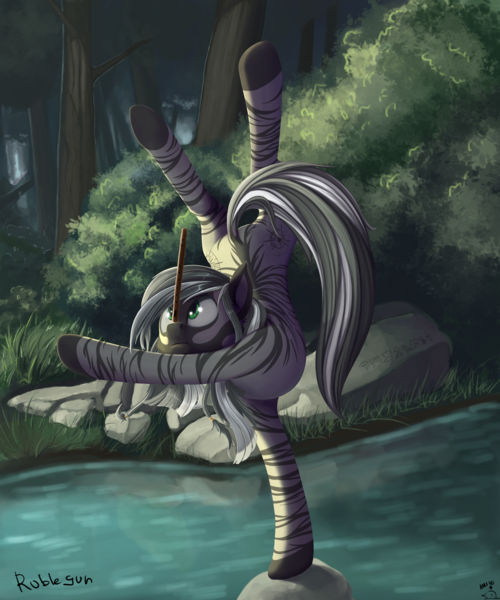 Size: 2333x2800 | Tagged: active stretch, artist:rublegun, backbend, balancing, contortion, contortionist, derpibooru import, flexible, flute, forest, handstand, male, musical instrument, oc, oc:patrick poe, safe, solo, stallion, teeth, unofficial characters only, water, yoga, zebra