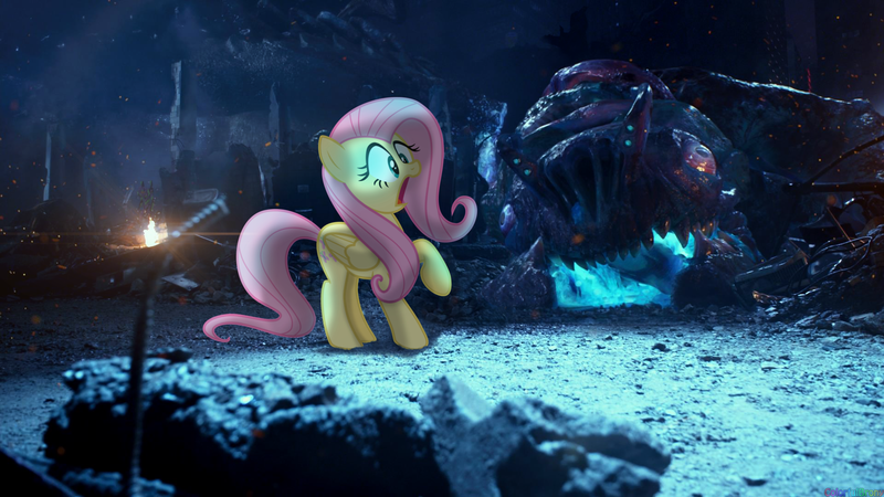 Size: 1920x1080 | Tagged: artist:colorfulbrony, crossover, derpibooru import, fluttershy, irl, kaiju, otachi junior, pacific rim, photo, ponies in real life, safe, solo, vector