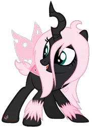 Size: 602x828 | Tagged: artist:ipandacakes, changeling, changeling oc, derpibooru import, heart, hybrid, interspecies offspring, looking back, magical lesbian spawn, oc, oc:pomf puff, offspring, older, open mouth, parent:oc:fluffle puff, parent:queen chrysalis, parents:canon x oc, parents:chrysipuff, pink changeling, safe, simple background, smiling, solo, transparent background, unofficial characters only, vector