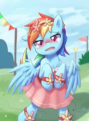 Size: 737x1000 | Tagged: safe, artist:aymint, derpibooru import, rainbow dash, pegasus, pony, rainbow falls, bipedal, blushing, cheerleader, clothes, cute, dashabetes, dress, embarrassed, explicit source, female, flower, flower in hair, grass, grass field, jewelry, looking at you, mare, open mouth, pink, pixiv, rainbow dash always dresses in style, scene parody, skirt, solo, spread wings