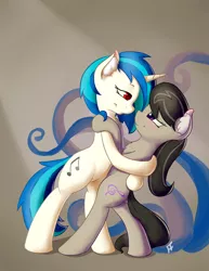 Size: 800x1035 | Tagged: safe, artist:fearingfun, derpibooru import, octavia melody, vinyl scratch, earth pony, pony, unicorn, bedroom eyes, dancing, ear fluff, female, lesbian, looking at each other, mare, scratchtavia, shipping, smiling