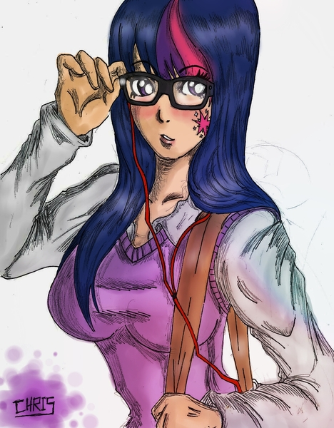 Size: 982x1260 | Tagged: artist:chrisblazedemon, breasts, busty twilight sparkle, derpibooru import, female, glasses, human, humanized, light skin, safe, solo, twilight sparkle