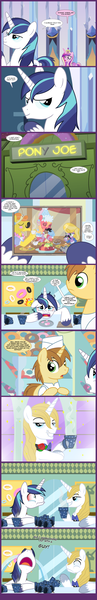 Size: 1050x6500 | Tagged: safe, artist:edowaado, derpibooru import, big macintosh, carrot cake, donut joe, prince blueblood, shining armor, spike, earth pony, pony, bar, burn, coffee, comic, crying, diner, donut, guys night out, male, ocular gushers, sad, stallion