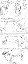 Size: 794x1800 | Tagged: accusation, alicorn, artist:cobaltsnow, blushing, comic, derpibooru import, dialogue, discord, eyes closed, female, floppy ears, fluttershy, flying, implied discoshy, implied interspecies, implied shipping, implied straight, laughing, male, monochrome, open mouth, simple background, sketch, spread wings, suggestive, surprised, talking, twibitch sparkle, twilight sparkle, twilight sparkle (alicorn), vulgar, white background, wide eyes