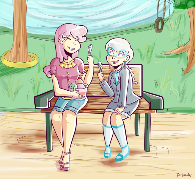 Size: 1000x914 | Tagged: artist:php52, bench, cheerilee, cheerispoon, derpibooru import, food, glasses, human, humanized, ice cream, light skin, park, safe, silver spoon, sitting