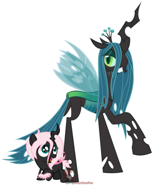 Size: 578x681 | Tagged: artist:ipandacakes, changeling, changeling oc, derpibooru import, grin, hybrid, interspecies offspring, looking at you, looking up, magical lesbian spawn, mommy chrissy, mother and child, oc, oc:pomf puff, offspring, open mouth, parent:oc:fluffle puff, parent:queen chrysalis, parents:canon x oc, parents:chrysipuff, pink changeling, queen chrysalis, raised hoof, safe, simple background, smiling, smirk, standing, transparent background, vector