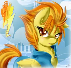 Size: 1200x1140 | Tagged: artist:knifeh, blushing, chest fluff, clothes, derpibooru import, frown, hair over one eye, looking at you, looking back, safe, solo, spitfire, unamused, uniform, wonderbolts, wonderbolts uniform
