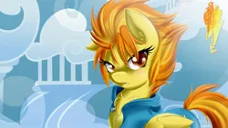 Size: 1920x1080 | Tagged: safe, artist:knifeh, derpibooru import, spitfire, blushing, chest fluff, clothes, frown, hair over one eye, looking at you, solo, unamused, uniform, wallpaper, wonderbolts uniform