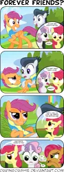 Size: 2000x5364 | Tagged: safe, artist:daringdashie, derpibooru import, apple bloom, babs seed, rumble, scootaloo, sweetie belle, can you feel the love tonight, comic, cutie mark crusaders, female, male, older, rumbloo, shipping, song reference, straight, teenager, the lion king, wonderbolt trainee uniform