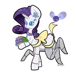 Size: 900x900 | Tagged: artist:otterlore, bouquet, bow, cute, derpibooru import, drider, flower, flower necklace, fluffy, hoof hold, monster pony, necklace, original species, parasprite, pretty, rarity, safe, simple background, smiling, solo, species swap, spider, spiderpony, spiderponyrarity, white background