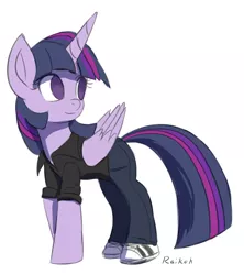 Size: 900x1014 | Tagged: safe, artist:raikoh, derpibooru import, twilight sparkle, twilight sparkle (alicorn), alicorn, pony, casual, clothes, female, jeans, mare, shoes, simple background, sneakers, solo