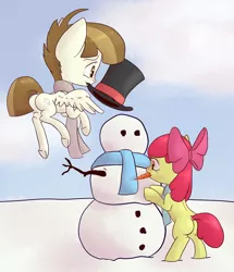 Size: 1024x1189 | Tagged: apple bloom, artist:postscripting, clothes, derpibooru import, featherbloom, featherweight, female, hat, male, plot, safe, scarf, shipping, snow, snowman, straight, winter