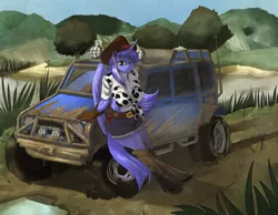 Size: 1250x970 | Tagged: alicorn, alicorn oc, anthro, anthro oc, artist:siberwar, belly button, belt, belt buckle, boots, car, clothes, cowboy hat, cowgirl, daisy dukes, derpibooru import, front knot midriff, gloves, hat, jeep, midriff, oc, oc:mariah wolves, pale belly, safe, shorts, solo, stetson, unguligrade anthro, unofficial characters only