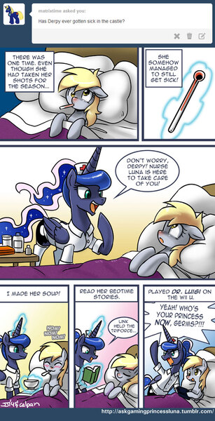 Size: 550x1075 | Tagged: safe, artist:johnjoseco, derpibooru import, derpy hooves, princess luna, pegasus, pony, ask gaming princess luna, gamer luna, ask, bed, blushing, book, caring for the sick, comic, female, food, mare, nurse, nurse luna, pillow, sick, soup, the legend of zelda, thermometer, tumblr, wii u, wii u touchpad