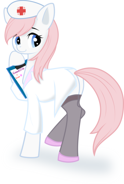Size: 2591x3832 | Tagged: safe, artist:constellite, artist:ringo, derpibooru import, nurse redheart, earth pony, pony, adoredheart, alternate hairstyle, clipboard, clothes, cute, female, heartabetes, looking back, mare, nurse, smiling, solo, stockings