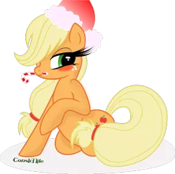 Size: 865x863 | Tagged: applejack, artist:constellite, artist:prettypinkpony, blushing, candy cane, derpibooru import, female, hat, mouth hold, santa hat, show accurate, simple background, solo, solo female, suggestive, transparent background, vector