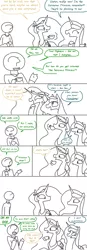 Size: 800x2297 | Tagged: suggestive, artist:the weaver, derpibooru import, princess celestia, princess luna, oc, oc:anon, alicorn, human, pony, comic, crown, cup, dialogue, eye contact, female, innocent, innuendo, jewelry, looking at each other, magic, mare, open mouth, peytral, regalia, simple background, speech bubble, teacup, telekinesis, white background