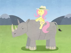 Size: 800x600 | Tagged: safe, artist:elslowmo, derpibooru import, fluttershy, pegasus, pony, rhinoceros, three's a crowd, animal, clothes, explorer outfit, riding, solo