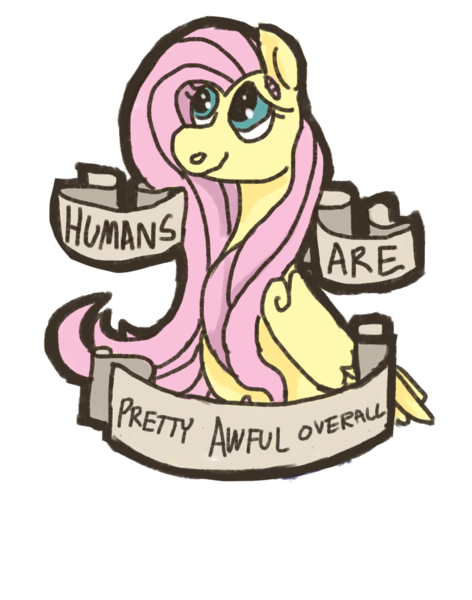 Size: 1093x1390 | Tagged: artist:weepysheep, fluttershy, human, lies, misanthropy, mouthpiece, old banner, rude horse, safe, solo, subversive kawaii