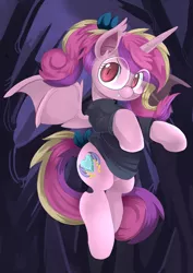 Size: 650x919 | Tagged: safe, artist:ende26, derpibooru import, princess cadance, bat pony, pony, bat ponified, clothes, fangs, glasses, looking at you, lovebat, race swap, smiling, solo, spread wings, sweater