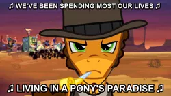 Size: 1024x576 | Tagged: safe, derpibooru import, screencap, cheese sandwich, earth pony, pony, pinkie pride, amish paradise, clint eastwood, image macro, lyrics, male, parody, parody of a parody, party horn, song reference, stallion, the man with no name, weird al yankovic