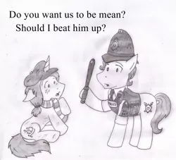 Size: 1238x1123 | Tagged: ask a pony, british cop, crayon, crayon the homeless pony, derpibooru import, homeless, monochrome, oc, pony police, safe, unofficial characters only