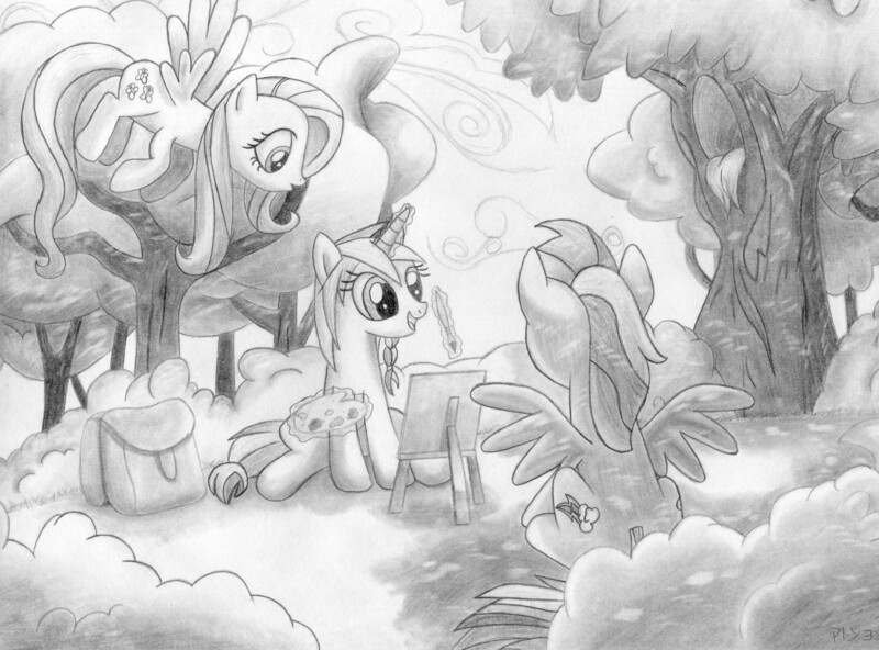 Size: 3168x2346 | Tagged: artist:matryoshika524, derpibooru import, fluttershy, monochrome, oc, painting, rainbow dash, safe