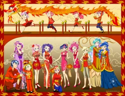 Size: 2126x1637 | Tagged: apple bloom, applejack, artist:nancysauria, babs seed, cheongsam, chinese new year, clothes, cutie mark crusaders, derpibooru import, dress, fluttershy, hanfu, human, humanized, light skin, mane six, pinkie pie, princess cadance, princess celestia, princess luna, rainbow dash, rarity, red dress, safe, scootaloo, shining armor, skirt, spike, sweetie belle, twilight sparkle