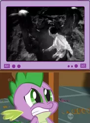 Size: 362x494 | Tagged: creepy, derpibooru import, exploitable meme, insect, king kong, meme, movie, obligatory pony, pit, safe, scared, scary, spike, television, tentacles, tv meme
