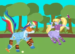 Size: 2338x1700 | Tagged: safe, artist:oneovertwo, derpibooru import, cloud kicker, rainbow dash, centaur, taur, equestria girls, background human, belly button, midriff, pegataur, polo, ponytaur