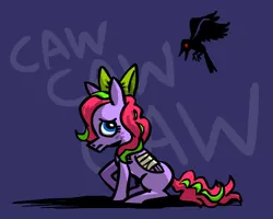 Size: 500x400 | Tagged: safe, artist:coyotecoyote, derpibooru import, oc, oc:kimi sparkle, unofficial characters only, crow, pegasus, pony, bandage, bow, broken wing, caw, female, freckles, frown, injured, looking up, mare, purple background, raised hoof, sad, simple background, sitting, solo