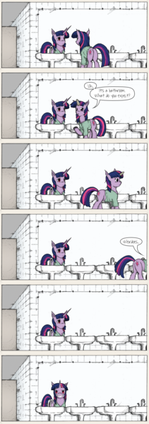 Size: 1025x2910 | Tagged: artist:dreamingnoctis, ask, ask asylum twilight, asylum, bathroom, clothes, comic, derpibooru import, duality, evil grin, fanfic:asylum, horn cap, magic suppression, mirror, mirror twilight, oblivious, reflection, safe, tumblr, twilight sparkle