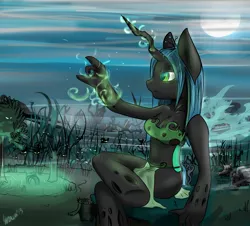 Size: 1280x1156 | Tagged: anthro, artist:venauva, belly button, breasts, changeling, cleavage, derpibooru import, female, fog, moon, night, queen chrysalis, safe, solo, unguligrade anthro