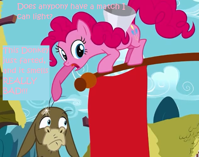 Size: 1271x1007 | Tagged: safe, derpibooru import, edit, edited screencap, screencap, cranky doodle donkey, pinkie pie, donkey, earth pony, pony, a friend in deed, cropped, fart joke, flag, flagpole, implied farting, pointing