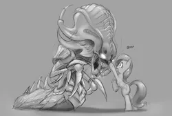 Size: 1100x741 | Tagged: artist:gsphere, boop, crossover, derpibooru import, fluttershy, fs doesn't know what she's getting into, grayscale, hydralisk, monster, safe, starcraft, this will end in tears, this will end in tears and/or death, video game, zerg