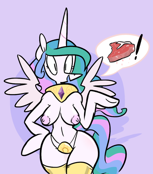 Size: 974x1103 | Tagged: alicorn, anthro, artist:forbiddenghoul, belly button, breasts, derpibooru import, female, nipples, nudity, princess celestia, questionable, semi-anthro, solo, solo female, steak