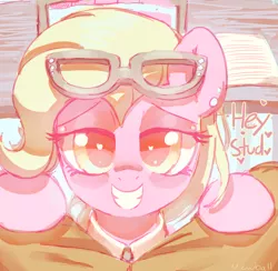 Size: 736x719 | Tagged: suggestive, artist:mewball, derpibooru import, grace manewitz, earth pony, human, pony, bedroom eyes, bust, dialogue, female, glasses, heart eyes, interspecies, looking at you, mare, offscreen character, pov, smiling, solo, wingding eyes