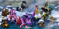 Size: 2202x1080 | Tagged: animal, artist:harwick, clothes, derpibooru import, discord, hot springs, japanese snow monkey, monkey, princess cadance, safe, scarf, shining armor, snow, snowfall, snow goggles, twilight sparkle, water, wet mane