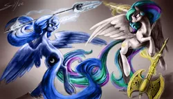 Size: 3500x2000 | Tagged: artist:silfoe, axe, derpibooru import, fight, magic, princess celestia, princess luna, ranseur, safe, sparring, spear, warrior celestia, warrior luna, weapon