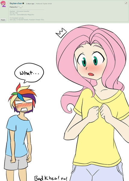 Size: 755x1057 | Tagged: artist:kprovido, blushing, breast reduction, breasts, delicious flat chest, derpibooru import, deviantart, dialogue, flattershy, fluttershy, human, humanized, light skin, observer, pun, rainbow dash, request, safe