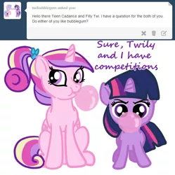 Size: 908x912 | Tagged: safe, artist:kuromi, derpibooru import, princess cadance, twilight sparkle, alicorn, unicorn, blowing, bubblegum, cute, filly, filly twilight sparkle, teen princess cadance, tumblr