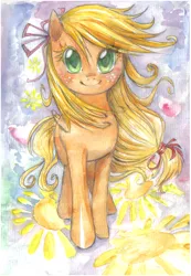 Size: 761x1100 | Tagged: applejack, artist:paulina-ap, blushing, colored eyelashes, cute, eyelashes, freckles, looking at you, ribbon, safe, smiling, solo, standing, traditional art, watercolor painting