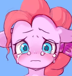 Size: 566x602 | Tagged: safe, artist:iizuna, derpibooru import, pinkie pie, earth pony, pony, colored pupils, crying, cute, head only, portrait, sad, sadorable, simple background, solo