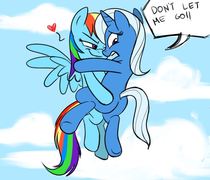 Size: 950x816 | Tagged: suggestive, artist:thex-plotion, derpibooru import, rainbow dash, trixie, pegasus, pony, unicorn, bedroom eyes, butt touch, carrying, cloud, cloudy, dialogue, female, flying, heart, holding a pony, hoof on butt, imminent sex, lesbian, mare, mile high club, open mouth, plot, scared, shipping, sky, smiling, smirk, speech bubble, spread wings, teasing, trixdash, underhoof, wide eyes