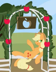 Size: 791x1010 | Tagged: safe, artist:daydreamsyndrom, derpibooru import, applejack, fence, leaning, looking at you, solo, tongue out