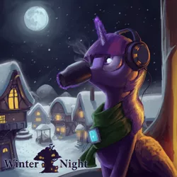 Size: 3000x3000 | Tagged: safe, artist:darthagnan, derpibooru import, twilight sparkle, twilight sparkle (alicorn), alicorn, pony, chocolate, clothes, door, female, golden oaks library, headphones, magic, mare, moon, mp3 player, night, scarf, scenery, snow, snowfall, solo, winter