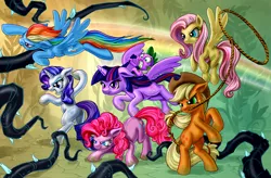 Size: 2000x1311 | Tagged: safe, artist:harwick, derpibooru import, applejack, fluttershy, pinkie pie, rainbow dash, rarity, spike, twilight sparkle, twilight sparkle (alicorn), alicorn, pony, princess twilight sparkle (episode), badass, bipedal, black vine, dirty, female, fight, flying, glare, gritted teeth, lasso, mane seven, mane six, mare, scene interpretation, smiling, spread wings