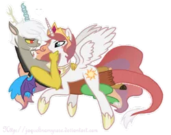 Size: 900x714 | Tagged: safe, artist:jaquelindreamz, derpibooru import, discord, helia, princess celestia, alicorn, draconequus, pony, bedroom eyes, blushing, caos, cuddling, dislestia, eris, eye contact, female, grin, heart, hug, male, prince solaris, princess helia, rule 63, rule 63'd rule 63, shipping, simple background, smirk, snuggling, spread wings, straight, transparent background, we need to go deeper